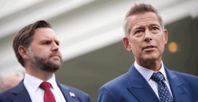 U.S. Transportation Secretary Sean Duffy and U.S. Vice President JD Vance speak to reporters outside the White House on October 30, 2025 in Washington, D.C.