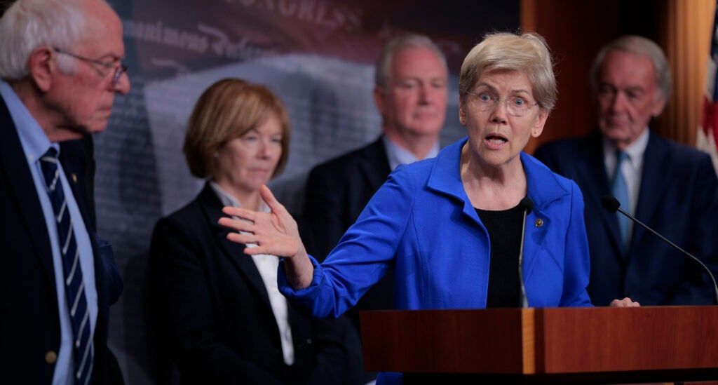Sen. Elizabeth Warren speaks during a news conference with Senate Health, Education, Labor and Pensions Committee ranking member Bernie Sanders, Sen. Tina Smith, Sen. Chris Van Hollen and Sen. Edward Markey on the 29th day of the federal government shutdown at the U.S. Capitol on October 29, 2025 in Washington, DC.