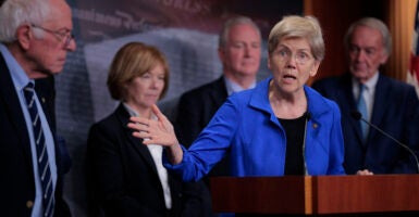 Sen. Elizabeth Warren speaks during a news conference with Senate Health, Education, Labor and Pensions Committee ranking member Bernie Sanders, Sen. Tina Smith, Sen. Chris Van Hollen and Sen. Edward Markey on the 29th day of the federal government shutdown at the U.S. Capitol on October 29, 2025 in Washington, DC.
