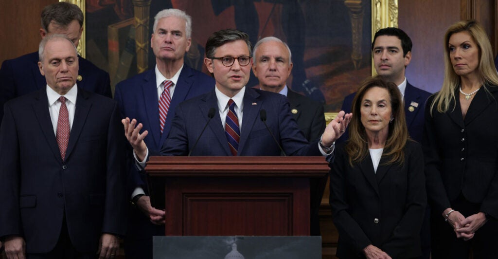 U.S. Speaker of the House Mike Johnson, R-La., speaks during a news conference with the House Republican leadership.