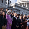 House Minority Leader Hakeem Jeffries leads a news conference with Democratic members of the House.