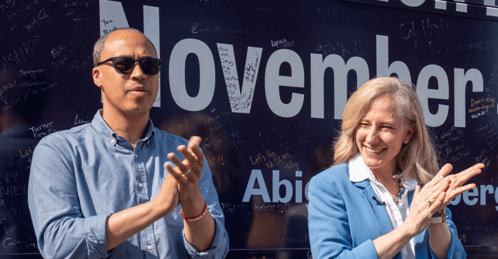 Jay Jones and Abigal Spanberger in Fairfax, Virginia on a bus tour strop.