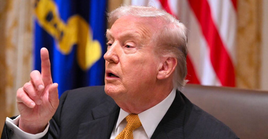 President Donald Trump speaks during a bilateral lunch with Prime Minister of Hungary Viktor Orban in the Cabinet Room of the White House.