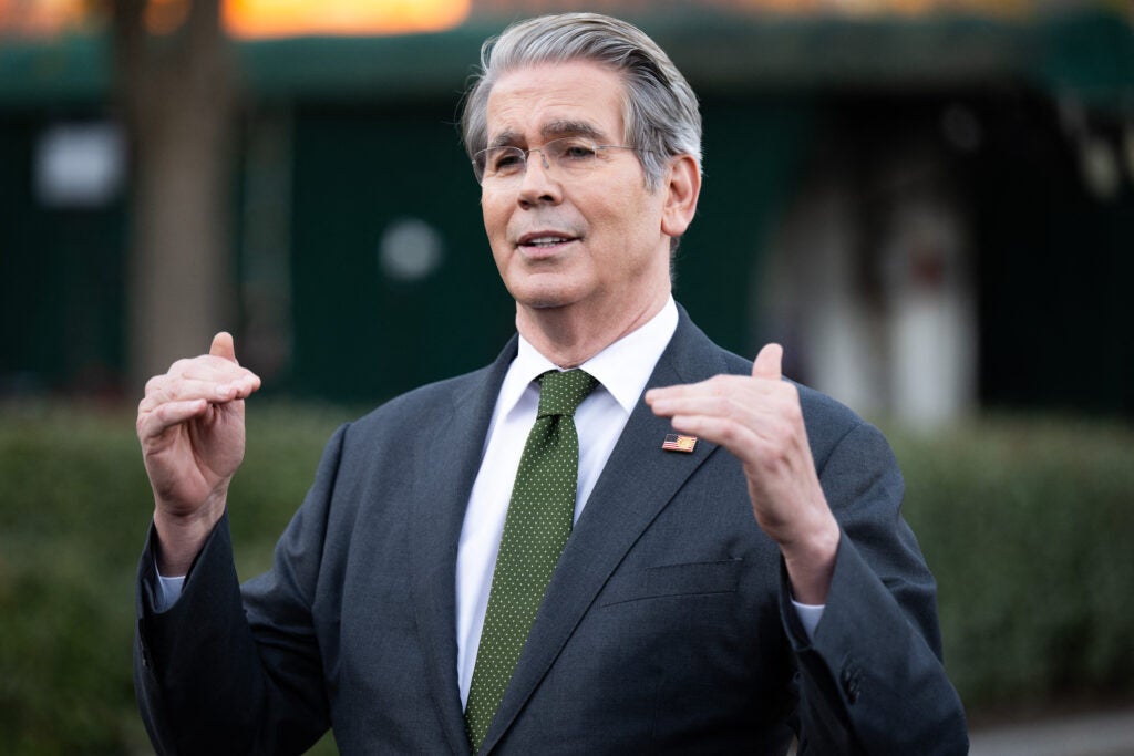 Treasury Sec. Scott Bessent speaks with the media outside of the West Wing of the White House.