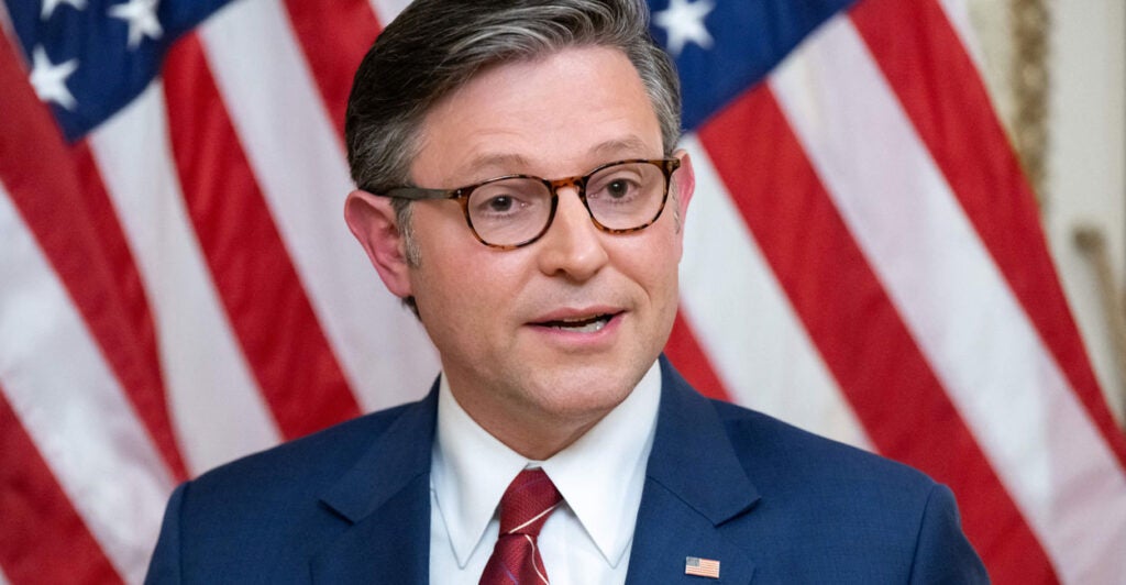 House Speaker Mike Johnson, R-La., speaks to the media during a ceremonial swearing-in of a U.S. representative at the Capitol.