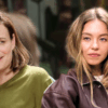 Side by side of a brunette woman in a green sweater next to actress Sydney Sweeney, who is blonde and wearing a brown leather jacket.