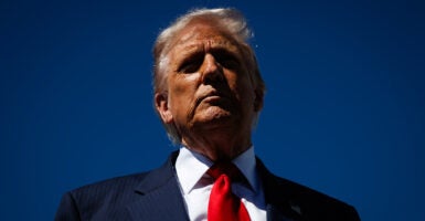 Close up of Donald Trump against a blue sky.