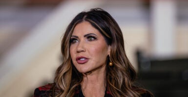 Department of Homeland Security Secretary Kristi Noem speaks at a press conference.