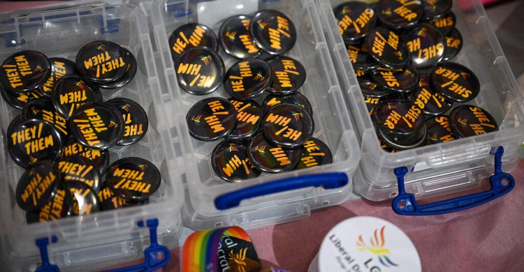 Three bins feature buttons for pronouns including "they/them," "he/him," and "she/her."