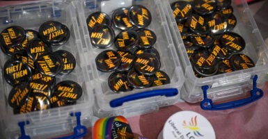 Three bins feature buttons for pronouns including "they/them," "he/him," and "she/her."