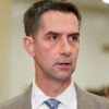 Sen. Tom Cotton, R-Ark., talks to reporters following a closed briefing on June 26, 2025.