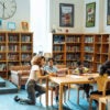 A woman kneels at a table where a young child is reading a book in a library.