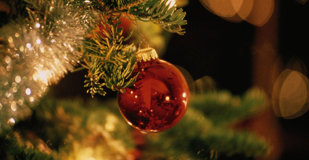 A red circular ball of a decoration hangs from a Christmas tree.