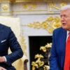 A laughing Finnish President Alexander Stubb chats with President Donald Trump in the Oval Office.