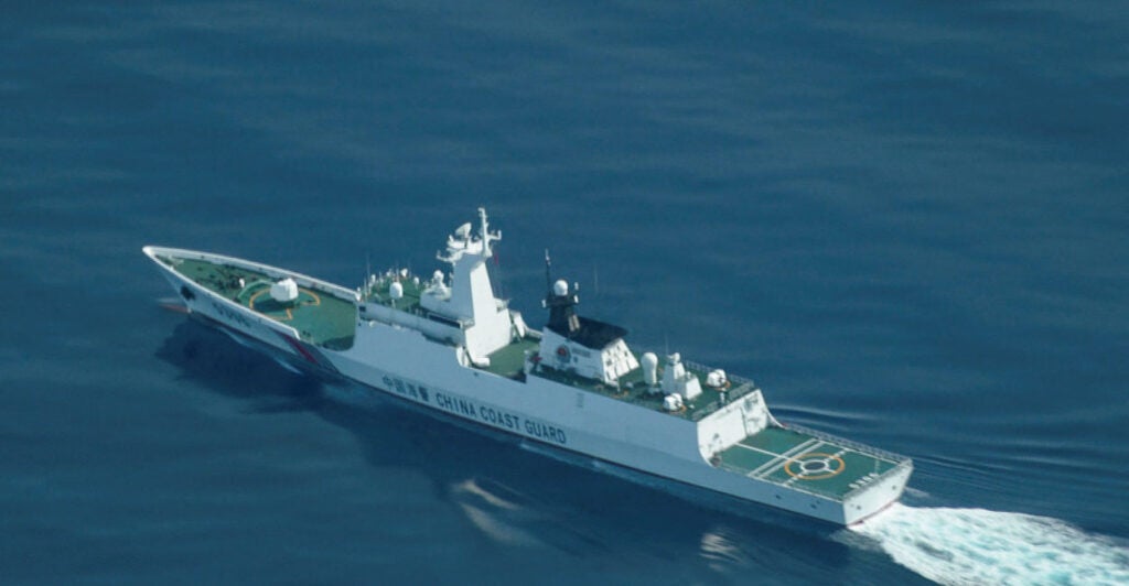 Aerial view of a Chinese Coast Guard ship near the Scarborough Shoal.