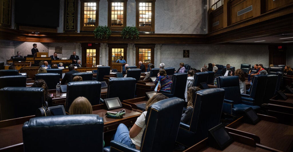 The Indiana State Senate chamber during a legislative debate.