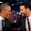 Jimmy Kimmel and Barack Obama smile adoringly at each other on the set of Kimmel's show.