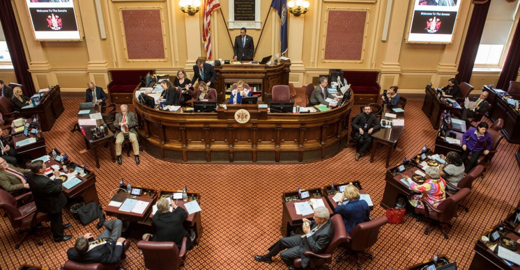 Birdseye view of the Virginia State Senate Chamber in session.
