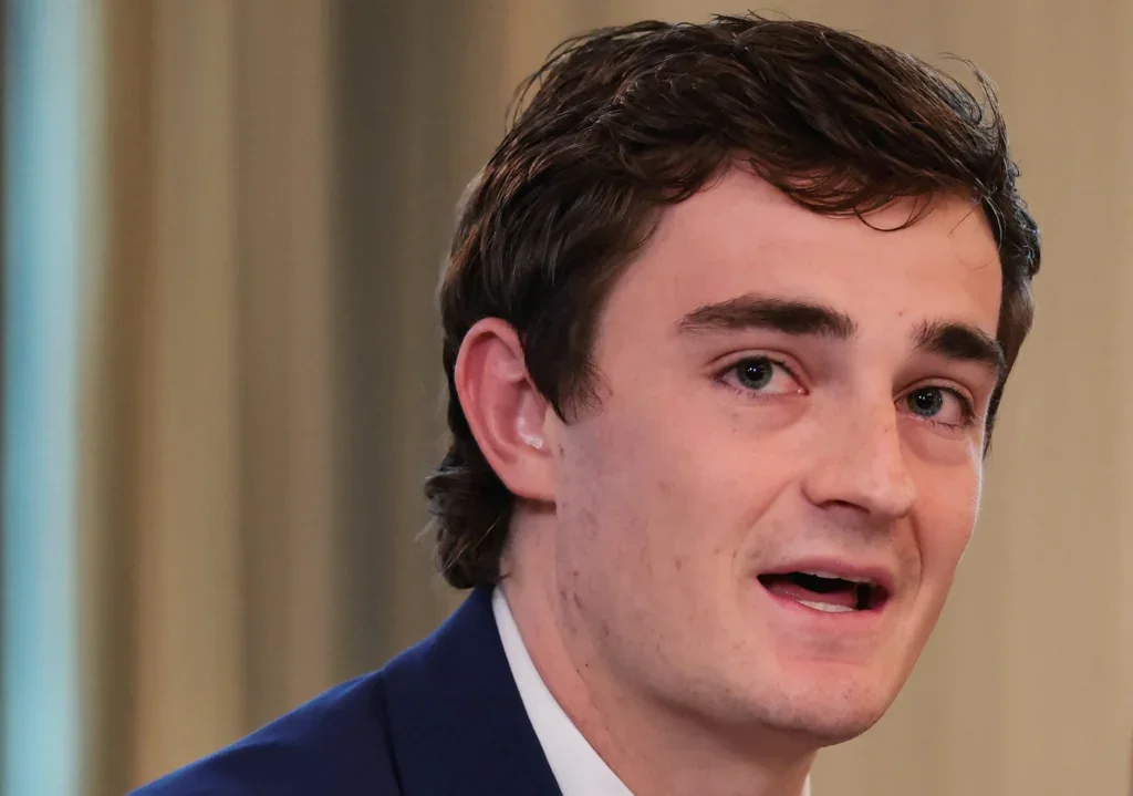 Nick Shirley speaks during a roundtable on antifa, an anti-fascist movement U.S. President Donald Trump designated a domestic "terrorist organization" via executive order on September 22, at the White House in Washington, D.C., U.S., October 8, 2025. REUTERS/Evelyn Hockstein