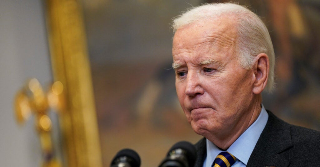 U.S. President Joe Biden looks on as he speaks from the Roosevelt Room about the jobs report and the state of the economy at the White House in Washington, U.S., January 10, 2025. REUTERS/Elizabeth Frantz