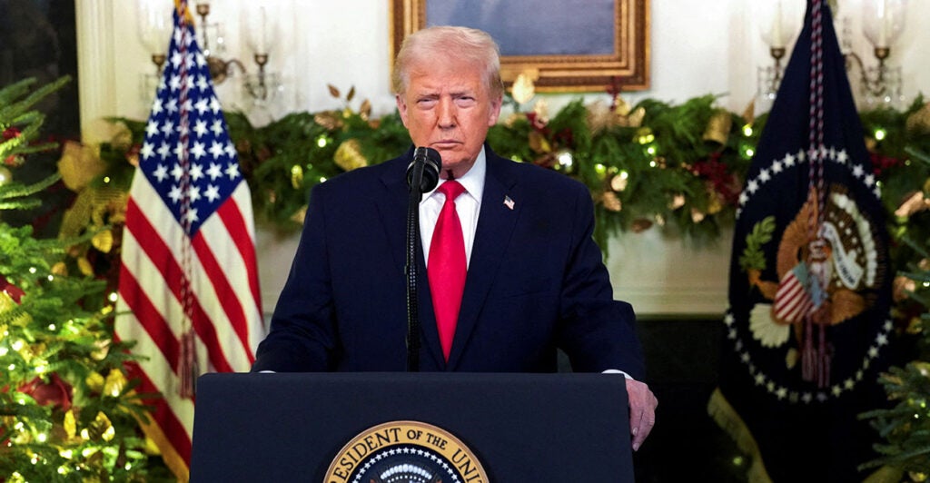 President Donald Trump, pictured delivering an address from the White House, with a fireplace and garland behind him, has been responsible for many of the winners and losers of 2025.