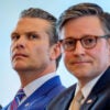 Secretary of War Pete Hegseth and Speaker of the House Mike Johnson sit together in the Capitol.