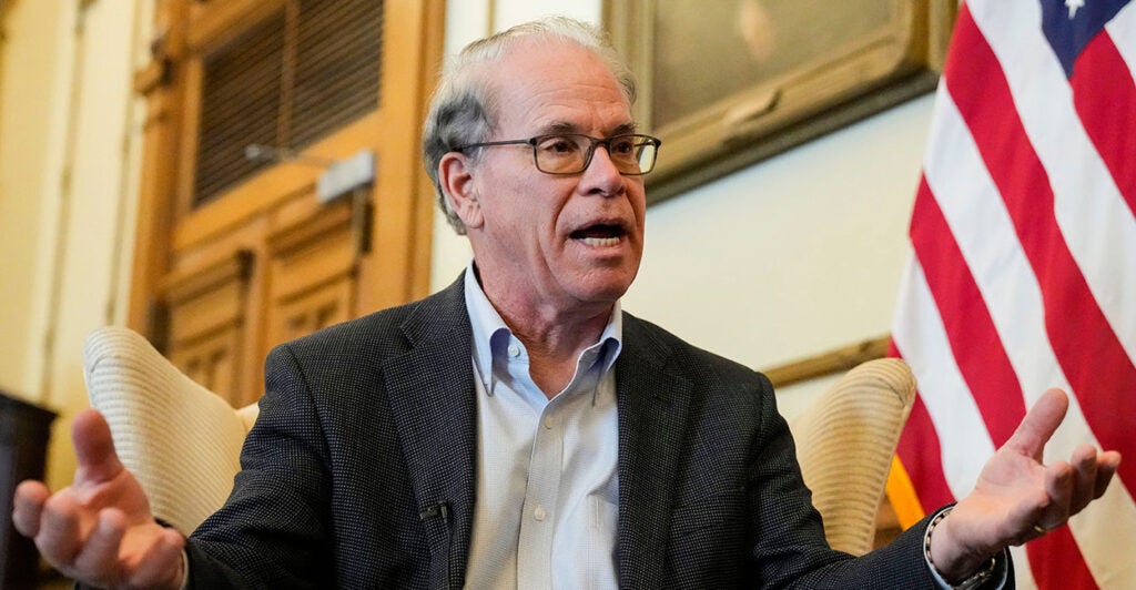 Indiana Gov. Mike Braun gesturing. Indiana AG Todd Rokita is calling on Braun to designate CAIR a foreign terrorist organization.