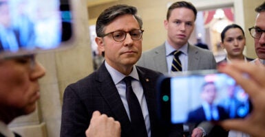 Speaker of the House Mike Johnson speaks to reporters in the United States capitol.