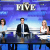 Jeanine Pirro, Jessica Tarlov, Jesse Watters, Dana Perino and Greg Gutfeld on set for Fox News' "The Five" at Fox News Studios in 2023 in New York City