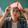 Young befuddled girl with glasses holds open book on top of her head in classroom.