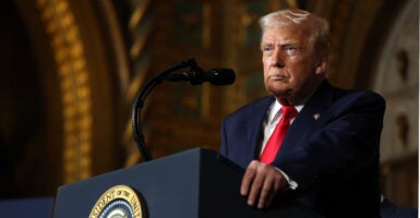 PALM BEACH, FLORIDA - DECEMBER 22: U.S. President Donald Trump takes questions as he announced the creation of the “Trump-class” battleship during a statement to the media at Trump’s Mar-a-Lago estate on December 22, 2025 in Palm Beach, Florida. Trump announced the new class of ship will become the centerpiece of his “Golden Fleet” program to rebuild and strengthen the U.S. shipbuilding industry. (Photo by Tasos Katopodis/Getty Images)