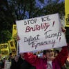 HOUSTON, TEXAS - JANUARY 8: People gather to protest the recent killing of Renee Nicole Good in Minneapolis by an ICE agent, in Houston, Thursday, Jan. 8, 2026. (Raquel Natalicchio/Houston Chronicle via Getty Images)