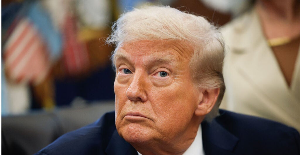 WASHINGTON, DC - SEPTEMBER 15: U.S. President Donald Trump answers questions from reporters after signing a Presidential Memorandum in the Oval Office on September 15, 2025 in Washington, DC. Trump signed a memorandum that will send members of the National Guard and federal law enforcement agencies to Memphis, Tennessee in an effort to decrease crime in the city. (Photo by Kevin Dietsch/Getty Images)