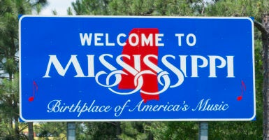 Sign for Welcome to Mississippi Birthplace of American Music. (Photo by: Education Images/Universal Images Group via Getty Images)