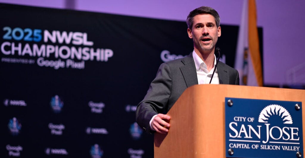 SAN JOSE, CALIFORNIA - NOVEMBER 20: Mayor of San Jose, Matt Mahan, speaks during the NWSL Championship Welcome Reception at Rotunda at San Jose City Hall on November 20, 2025 in San Jose, California. (Photo by Eakin Howard/NWSL via Getty Images)