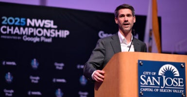 SAN JOSE, CALIFORNIA - NOVEMBER 20: Mayor of San Jose, Matt Mahan, speaks during the NWSL Championship Welcome Reception at Rotunda at San Jose City Hall on November 20, 2025 in San Jose, California. (Photo by Eakin Howard/NWSL via Getty Images)