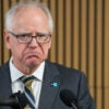 MINNEAPOLIS, MN. - JANUARY 2026: Minnesota Governor Tim Walz speaks during a press conference focused on Minnesota’s new paid family leave policy, Tuesday, January 6, 2026 at the Coliseum Building in Minneapolis, Minn. Walz took questions from the media at the event, a day after he announced that he is withdrawing from the 2026 Minnesota gubernatorial race. (Photo by Alex Kormann/The Minnesota Star Tribune via Getty Images)