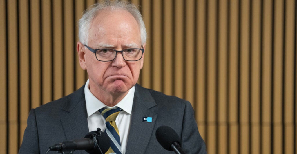 MINNEAPOLIS, MN. - JANUARY 2026: Minnesota Governor Tim Walz speaks during a press conference focused on Minnesota’s new paid family leave policy, Tuesday, January 6, 2026 at the Coliseum Building in Minneapolis, Minn. Walz took questions from the media at the event, a day after he announced that he is withdrawing from the 2026 Minnesota gubernatorial race. (Photo by Alex Kormann/The Minnesota Star Tribune via Getty Images)