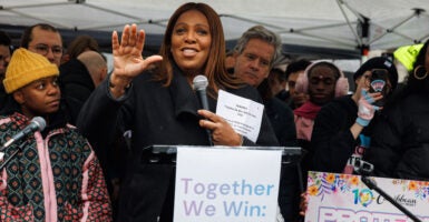 New York Attorney General Letitia James addresses the crowd at Union Square for the Together We Win rally in support of transgender youth held in New York City, New York, United States on January 10, 2026. The rally, organized by New Pride Agenda, PFLAG NYC and Trans formative Schools, was held ahead of upcoming U.S. Supreme Court hearings for West Virginia v. B.P.J. and Little v. Hecox, cases that will determine the constitutionality of state bans on transgender students' participation in school sports and could have broader impacts on transgender rights. (Photo by Jason Alpert-Wisnia / Hans Lucas / AFP via Getty Images)