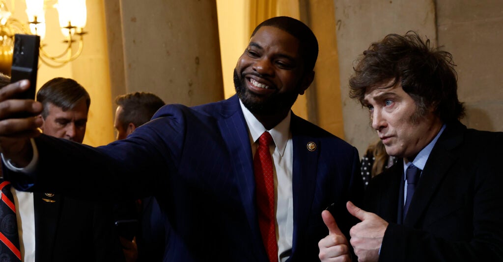 WASHINGTON, DC - JANUARY 20: U.S. Rep. Byron Donalds (R-FL) poses with President of Argentina Javier Milei at the inauguration of U.S. President-elect Donald Trump in the Rotunda of the U.S. Capitol