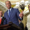 Senate Majority Leader John Thune (R-SD), joined by Sen. Shelley Moore Capito (R-WV) and Sen. John Barrasso (R-WY), speaks to the media.