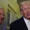President Donald Trump and Lindsey Graham speak to reporters on board Air Force One