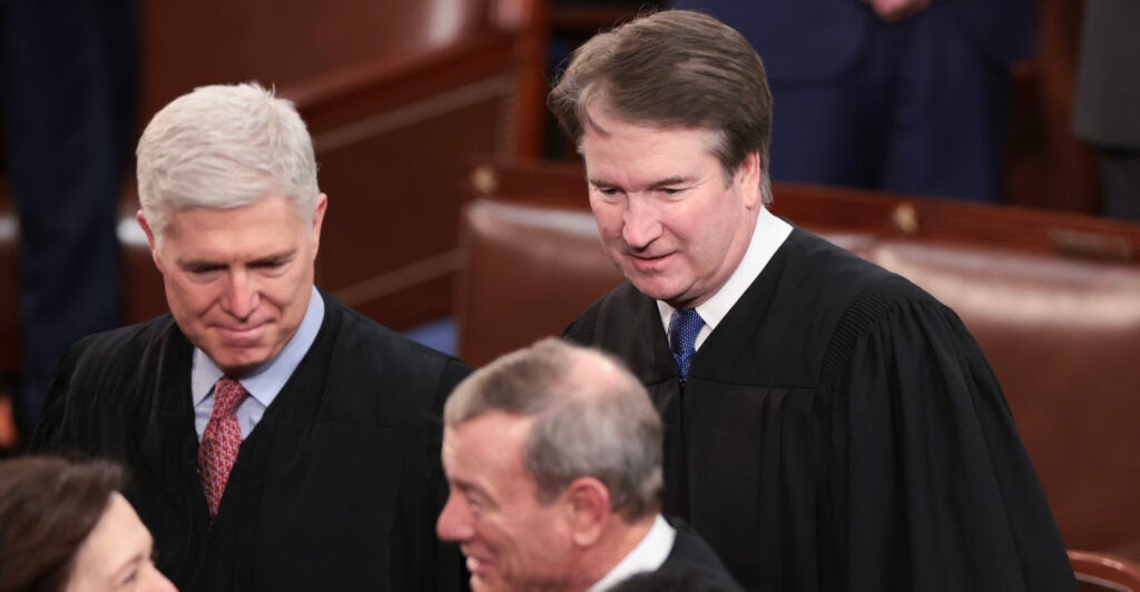 WASHINGTON, DC - MARCH 07: U.S. Supreme Court Associate Justices Neil Gorsuch (L) and Brett Kavanaugh arrived with fellow Justice Sonia Sotomayor and Chief Justice John Roberts for U.S. President Joe Biden's State of the Union address during a joint meeting of Congress in the House chamber at the U.S. Capitol on March 07, 2024 in Washington, DC. This is Biden’s last State of the Union address before the general election this coming November. (Photo by Win McNamee/Getty Images)