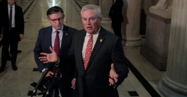 WASHINGTON, DC - SEPTEMBER 02: Speaker of the House Mike Johnson (R-LA) and House Oversight and Government Reform Committee Chairman James Comer (R-KY) talk to reporters after meeting with some of Jeffrey Epstein's accusers at the U.S. Capitol on September 02, 2025 in Washington, DC. Johnson said he supported Comer's investigation into Epstein but wants to respect the privacy of accusers in the process. (Photo by Chip Somodevilla/Getty Images)