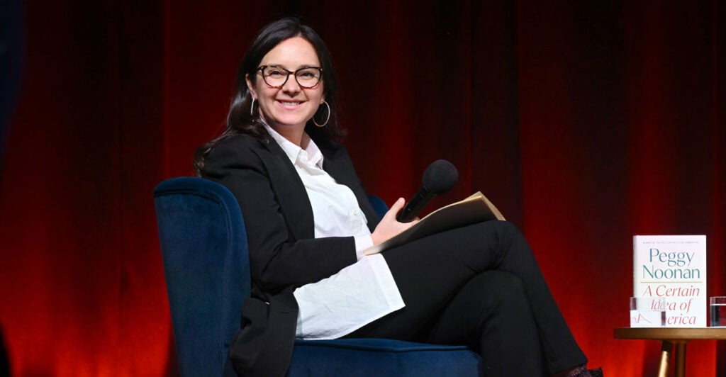 NEW YORK, NEW YORK - NOVEMBER 19: Bari Weiss speaks onstage during Book Club Event With Peggy Noonan on November 19, 2024 in New York City. (Photo by Noam Galai/Getty Images for The Free Press)