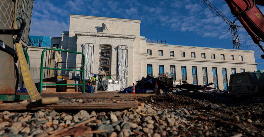 WASHINGTON, DC - JANUARY 12: Construction continues at the Marriner S. Eccles Federal Reserve Board Building on January 12, 2026 in Washington, DC. The Department of Justice announced that it is opening a criminal investigation into Jerome H. Powell, the Federal Reserve Chair, over his handling of the renovation project, and related testimony to Congress. (Photo by Heather Diehl/Getty Images)