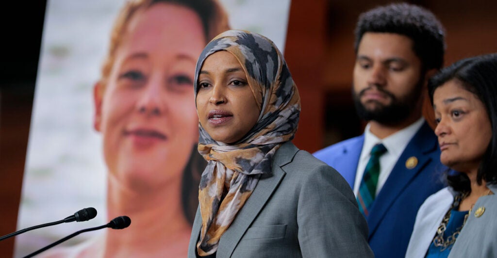 WASHINGTON, DC - JANUARY 13: U.S. Rep. Ilhan Omar (D-MN), Deputy Chair of the Congressional Progressive Caucus, speaks at a press conference at the U.S. Capitol on January 13, 2026 in Washington, DC. The Congressional Progressive Caucus discussed DHS funding and the death of Renee Good in Minneapolis. (Photo by Heather Diehl/Getty Images)