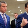 Secretary of War Pete Hegseth and Secretary of State Marco Rubio speak to the press after a congressional briefing.