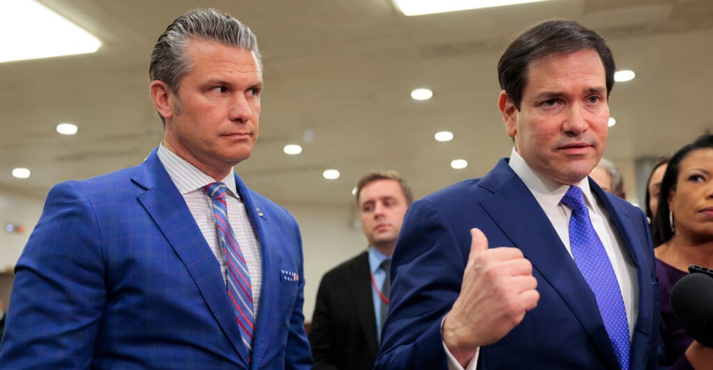 Secretary of War Pete Hegseth and Secretary of State Marco Rubio speak to the press after a congressional briefing.