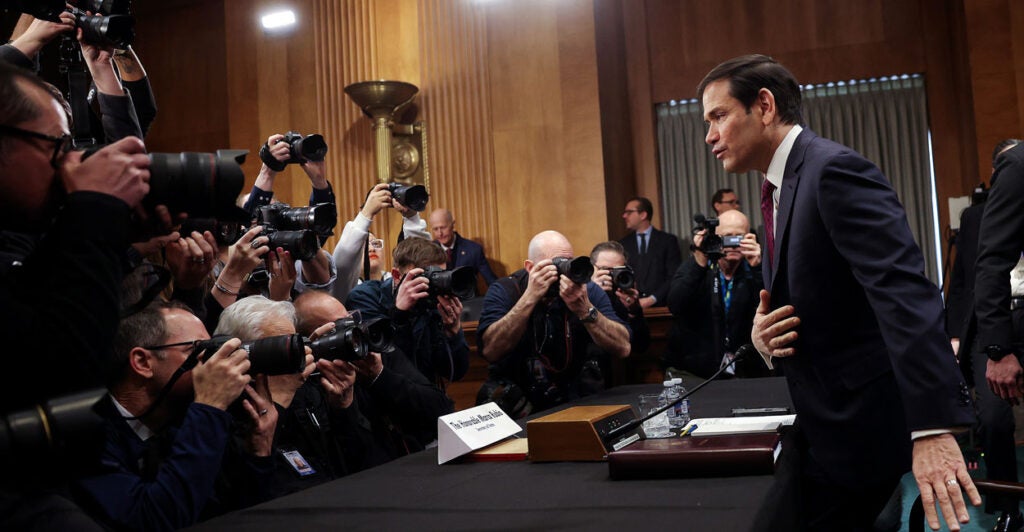 News photographers captures images of U.S. Secretary of State Marco Rubio as he arrives to testify during a Senate Foreign Relations Committee hearing in the Dirksen Senate Office Building on Capitol Hill on January 28, 2026 in Washington, DC.